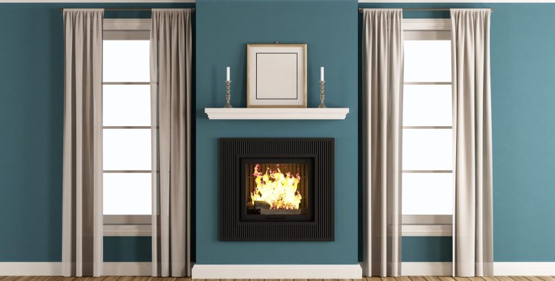Fireplace in a blue classic room with windows and wooden ceiling - 3d rendering