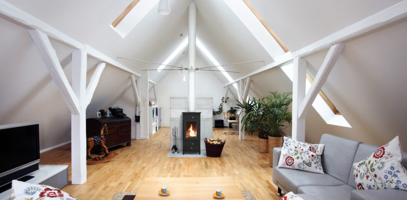 large, attractive attic room with wood-burning fireplace